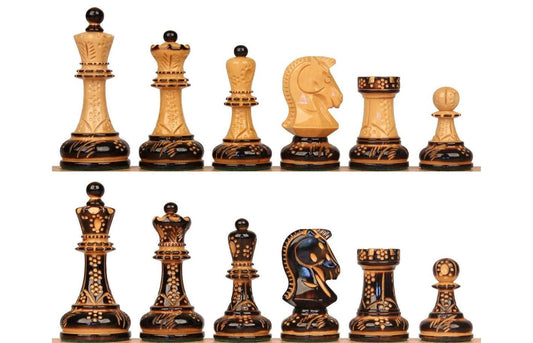 1950 Fischer Dubrovnik Burnt & Carved boxwood chess pieces set King-3.8" + 21" Ebonywood chess board(SQ:55MM) + Leather Storage box-Luxury
