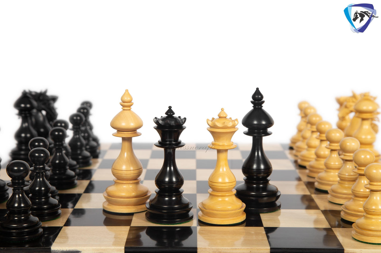 4.5" Staunton Ebony wood Chess pieces Set- WILD STALLION + 21" Ebony wood Chess Board STEPS border  + Leatherette storage Box.