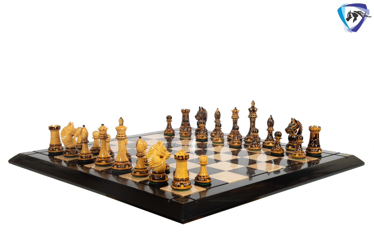 4.1" Staunton Chess pieces Set in Burnt Boxwood with carving-EXCALIBUR  + 23" Ebony wood Chess Board(60MMSQ) + Leather Storage Box COMBO