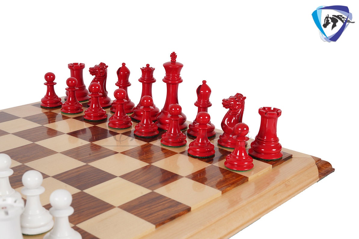 Reproduced 1849 Original Staunton Pattern Chess Set in Lacquer Painted Red & Ivory White - 4.5" King- Triple weighted 2 Extra queens