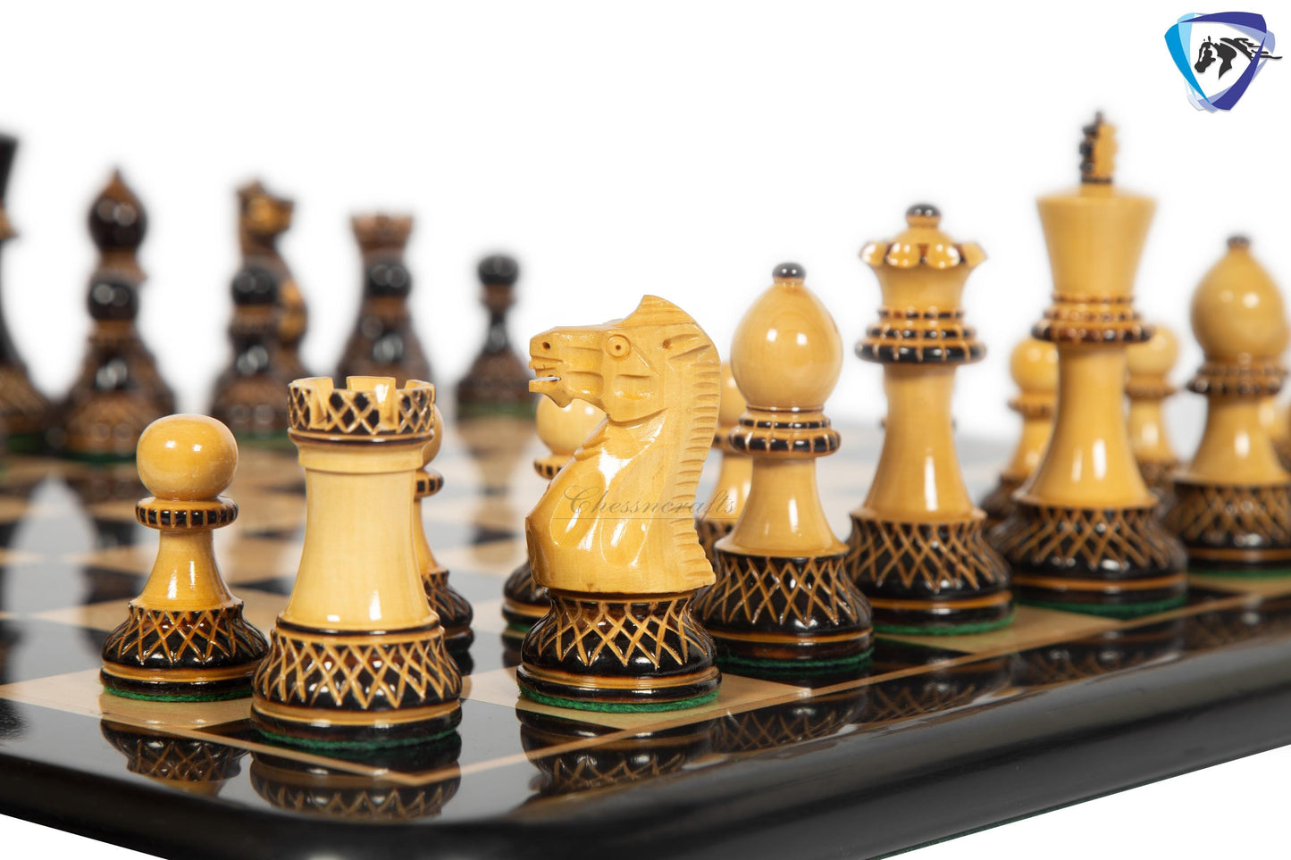 4" Staunton Chess Pieces set Burnt PARKER with Hand Carving broad base, Weighted + 19" Ebonywood chess board(sq 51mm) + Leather Storage Box