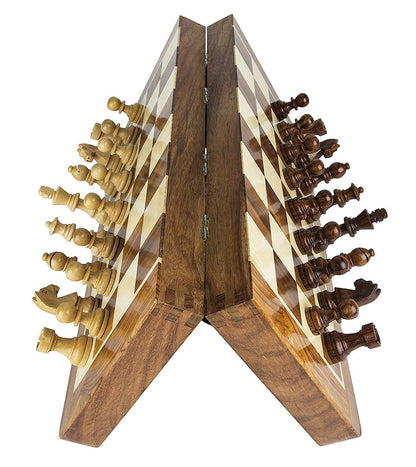 14" Folding Wooden Magnetic Travel chess board game set with staunton chess pieces Sheeshamwood