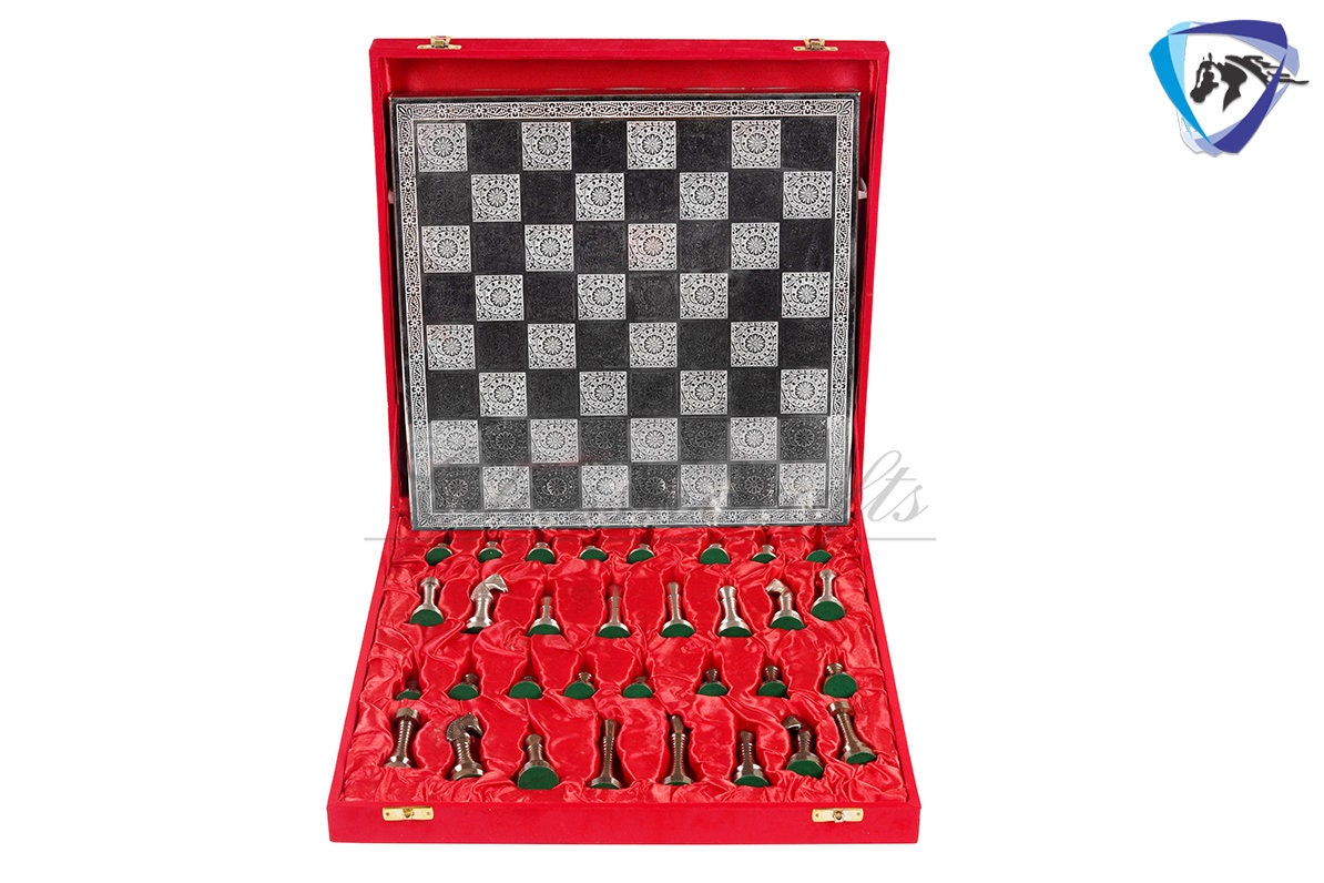 14" Solid Brass Metal CLASSICAL MEENAKARI Hand carved Chess set- Slim chess men Carving with velvet storage box - Brass chess board set