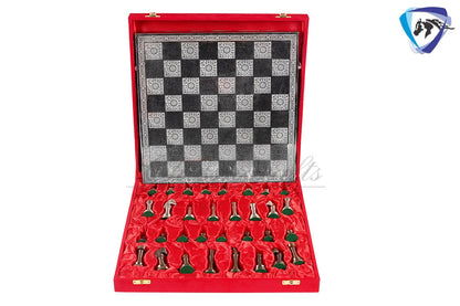 14" Solid Brass Metal CLASSICAL MEENAKARI Hand carved Chess set- Slim chess men Carving with velvet storage box - Brass chess board set