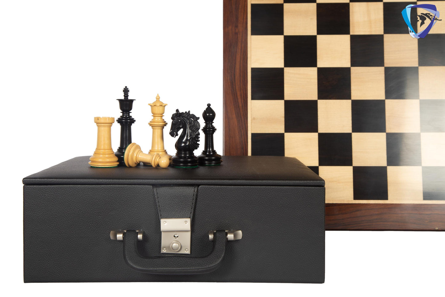 4.5" Ebony wood Staunton Chess pieces Set - STALLION VER 2.0 + 23" Ebonywood chess board (SQ: 60mm) + Leather Storage box for chess pieces