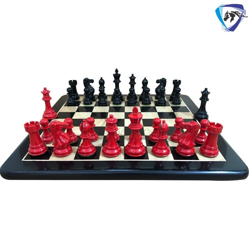 COMBO of 4" Club Staunton Chess Pieces Set Red Black Painted Boxwood Weighted 4Q + 21" Ebonywood Chess Board SQ: 55mm(2.2")