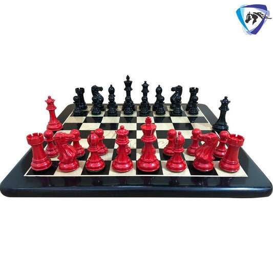 COMBO of 4" Club Staunton Chess Pieces Set Red Black Painted Boxwood Weighted 4Q + 21" Ebonywood Chess Board SQ: 55mm(2.2")