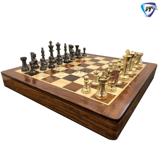 Brass Metal Staunton chess set & Rosewood chess board with storage 16"x16"- Glossy gold black chess men