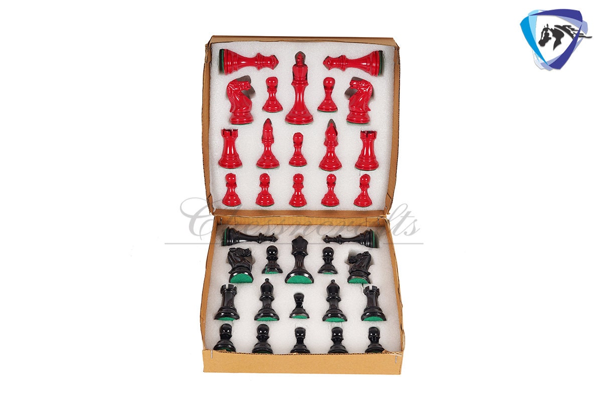 4.1" Wooden Staunton chess set in Red & Black Painted Boxwood Specially weighted - Extra Queens +19" Ebonywood chess board (51MM SQ)