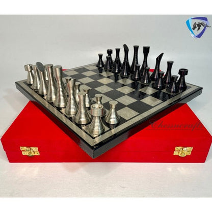 14" Brass Chess Board set- BLACK SILVER Slim Rings chess men Carved with velvet storage box - Luxury Brass Chess board set Gift for him