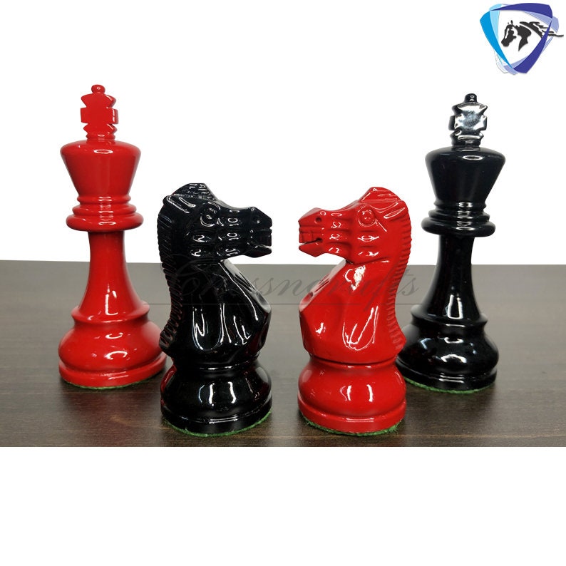 Classic Staunton Chess pieces Set Boxwood Painted Red & Black - King 3.75"  Weighted 2 Extra Queens- Lacquered glossy polish.