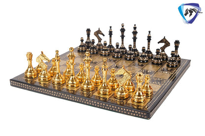 14" Solid Brass Metal Chess set- Russian Soviet Chess with Carving & Velvet storage box - Vintage Collector antique set