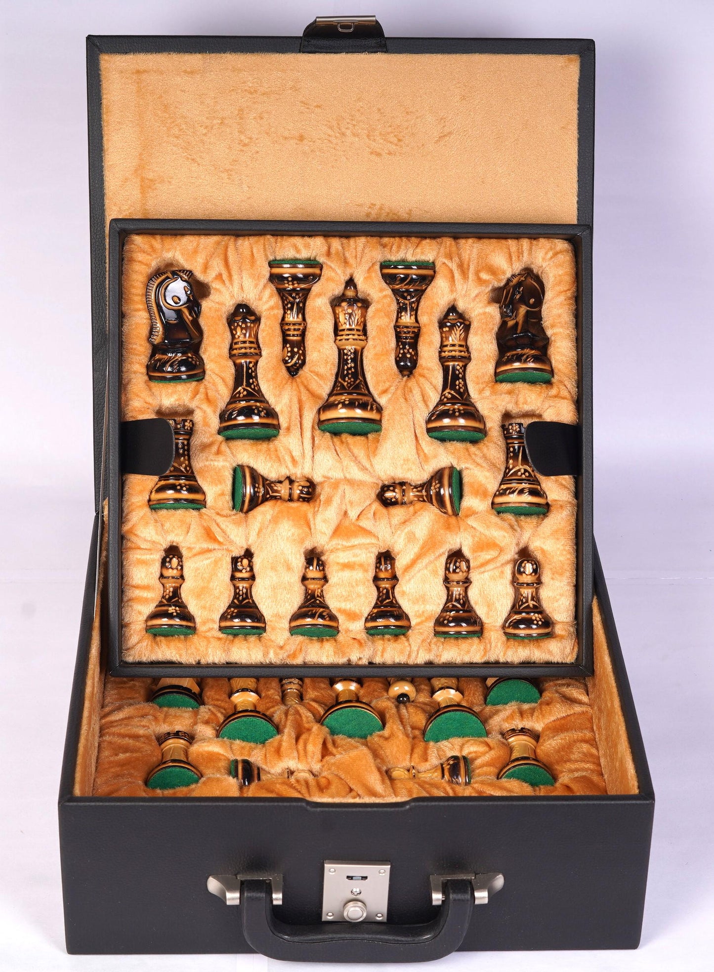1950 Fischer Dubrovnik Burnt & Carved boxwood chess pieces set King-3.8" + 21" Ebonywood chess board(SQ:55MM) + Leather Storage box-Luxury
