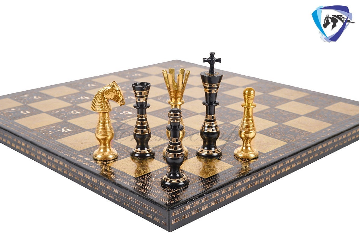 14" Solid Brass Metal Classical Hand carved Chess set- Soviet chess pieces in velvet storage box - Vintage Antique Chess -GOLD BLACK