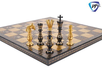 14" Solid Brass Metal Classical Hand carved Chess set- Soviet chess pieces in velvet storage box - Vintage Antique Chess -GOLD BLACK