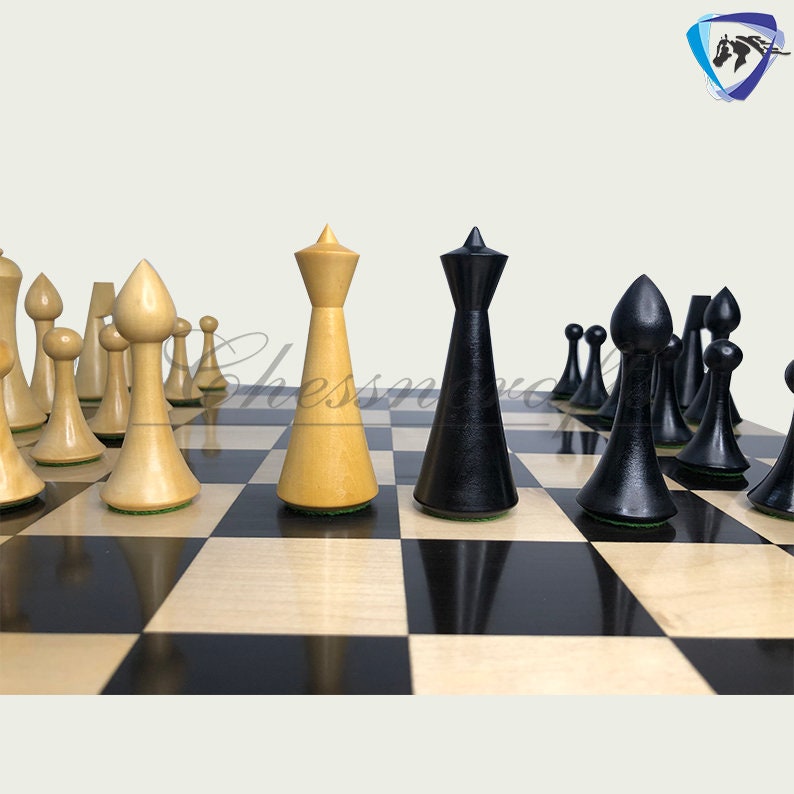 Reproduced Hermann Ohme Minimalist Modern Mid Century Chess Pieces in Ebonized Boxwood-King 3.75"- Weighted chess coins