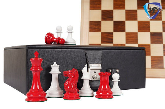 Reproduced 1849 Original Staunton Pattern Chess Set in Lacquer Painted Red & Ivory White - 4.5" King- Triple weighted 2 Extra queens