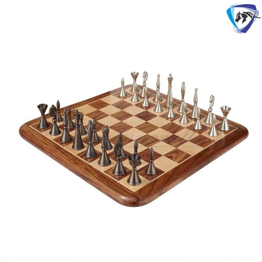 Solid Brass Chess pieces set French Silver copper King: 4.25" & Rose wood folding chess board-16" x 16" with chess pieces storage.