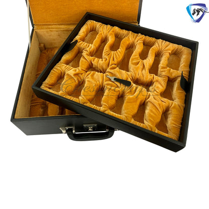 Leatherette Coffer Storage box for Chess Pieces of king Height: 4.0" to 4.5"- 2 Trays, Velvet lining & Lock w/ handle.