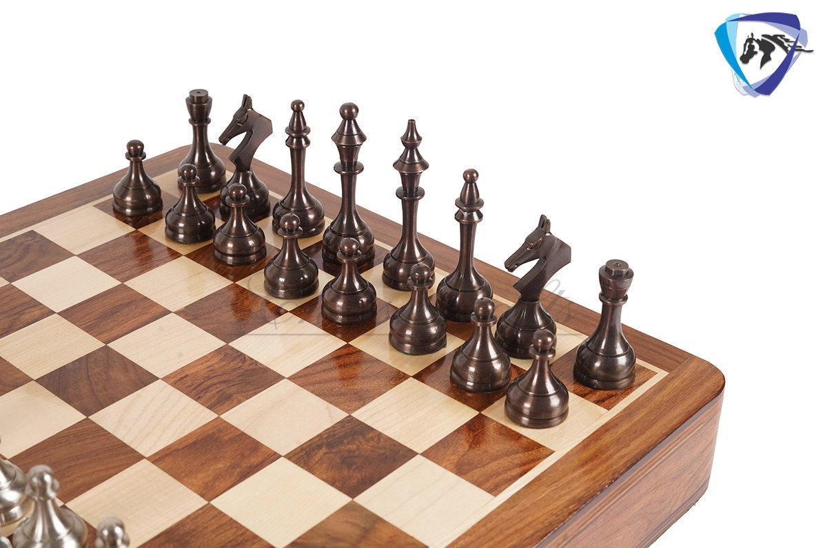 16" Brass Chess Board Set MODERN CLASSIC Chess Pieces Copper-Silver and Rosewood  Chess board with Storage drawer- Chess Gift- Gift for Him