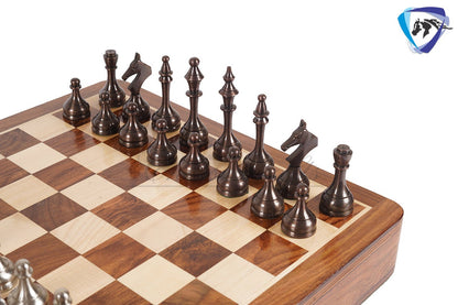 16" Brass Chess Board Set MODERN CLASSIC Chess Pieces Copper-Silver and Rosewood  Chess board with Storage drawer- Chess Gift- Gift for Him
