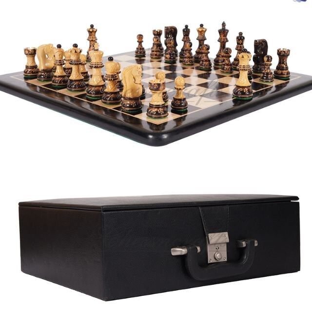 4" Russian Zagreb Chess Pieces set Burnt with Hand Carving broad base, Weighted - 2 extra Queens+19"Ebonywood chess board + Storage Box.