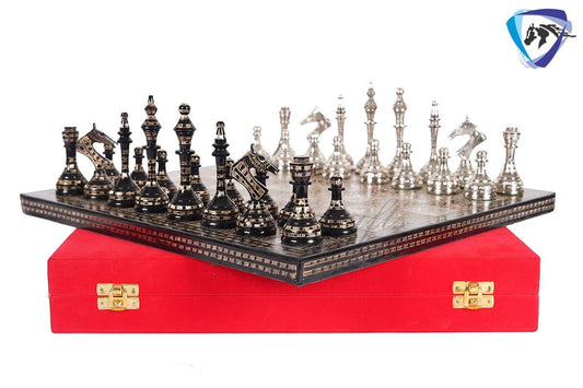 14" Brass Metal Chess Board set Modern Classic Handmade Soviet chess pieces with storage box - Vintage Chess for Gifting