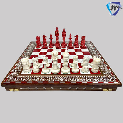 Combo of 16" INLAY ART WORK Wooden folding chess board and 4" Camel Bone Chess pieces Set Red & White