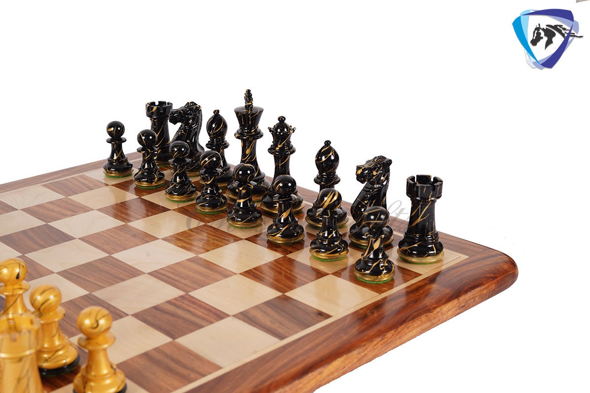 4" Wooden Staunton Chess set - STREET ART Painted chess pieces Black & Gold Weighted- extra queens + 19" Golden rosewood Chess Board COMBO