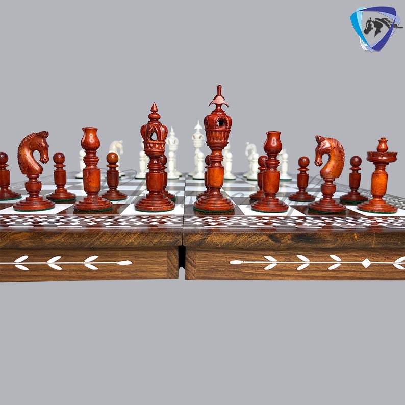 Combo Luxury Camel Bone Chess pieces Set ANTIQUE- White & 18" INLAY Art work Wooden folding chess board set.