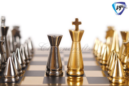 14" ART DECO Metal Chess Board Set designer King 4" Chess pieces with Chess board Modern Home Decor, Chess Gift-Leather Box