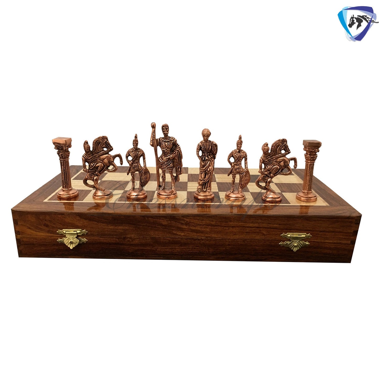 Folding Brass Roman chess figures & rosewood chess board set with storage of chess men.