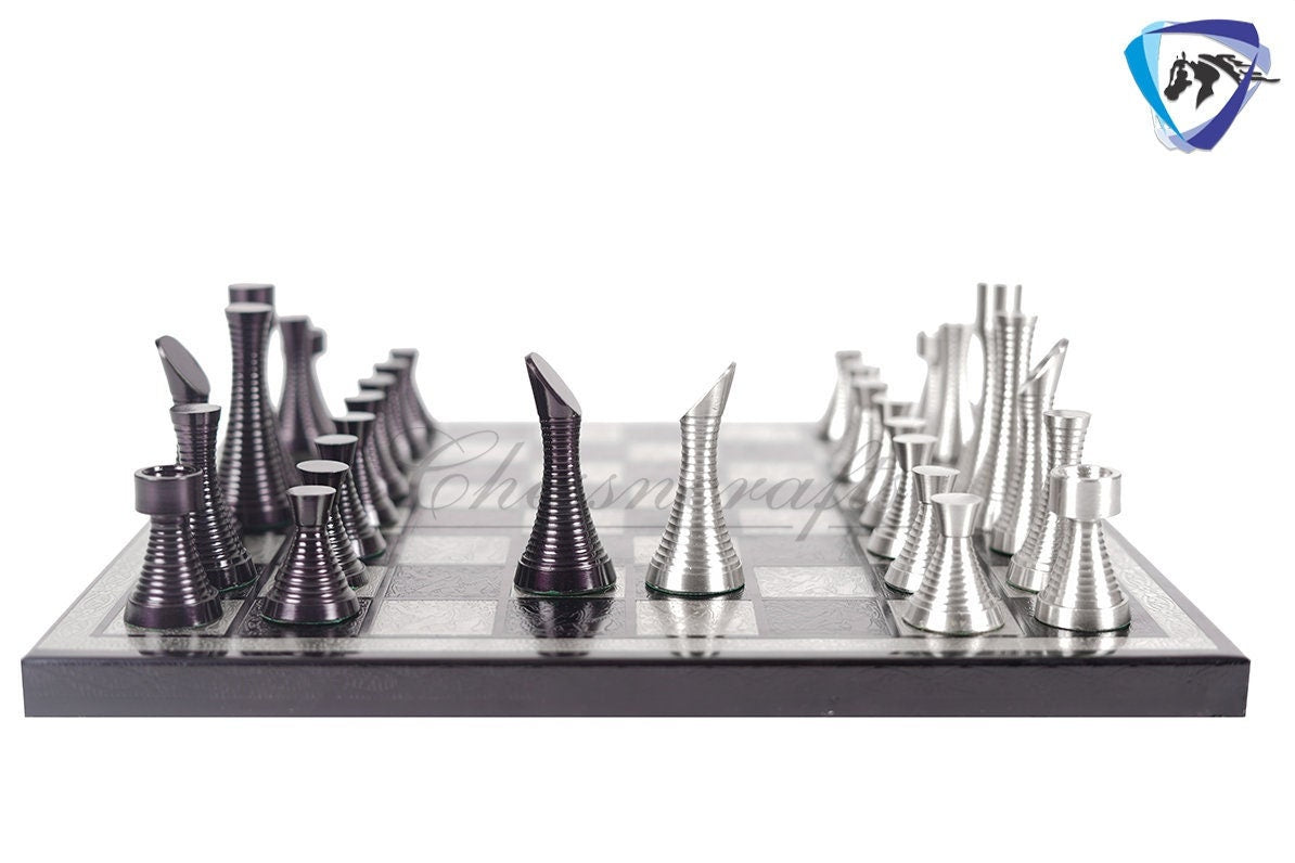 14" Brass Chess Board set- BLACK SILVER Slim Rings chess men Carved with velvet storage box - Luxury Brass Chess board set Gift for him