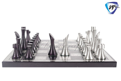 14" Brass Chess Board set- BLACK SILVER Slim Rings chess men Carved with velvet storage box - Luxury Brass Chess board set Gift for him