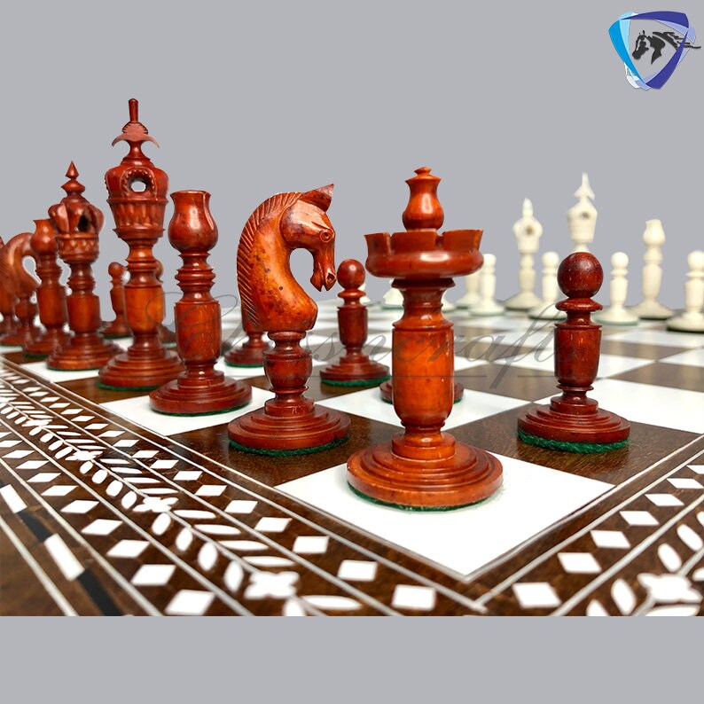 Combo Luxury Camel Bone Chess pieces Set ANTIQUE- White & 18" INLAY Art work Wooden folding chess board set.