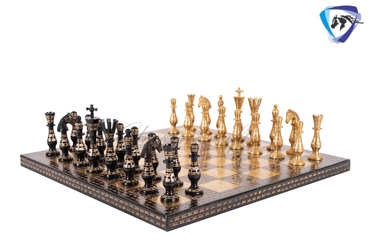 14" Solid Brass Metal Classical Hand carved Chess set- Soviet chess pieces in velvet storage box - Vintage Antique Chess -GOLD BLACK