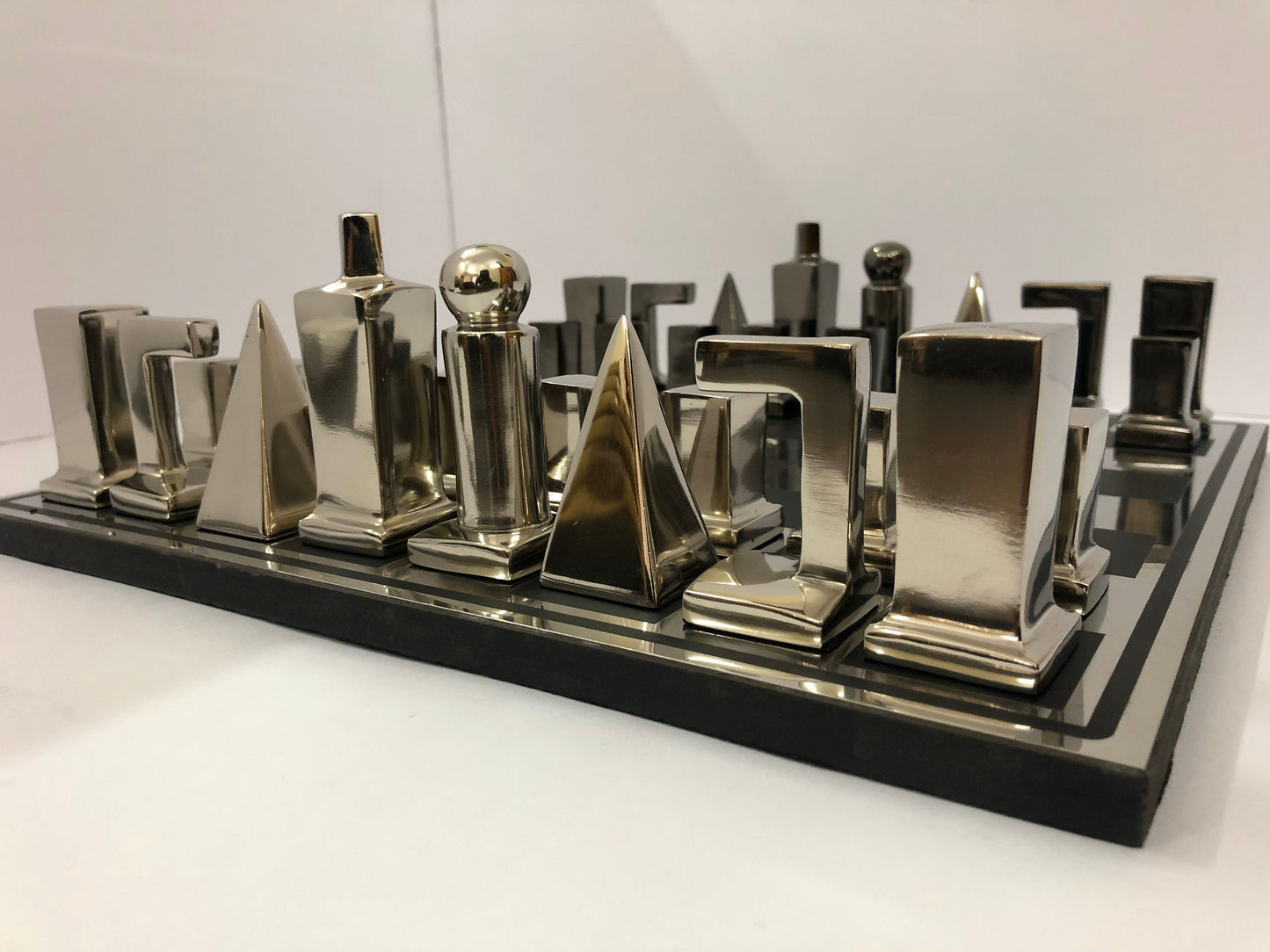 14" Metal chess Board Set- BAUHAUS INSPIRED Unique design-Black & Silver/Gold Metal Chess pieces-Chess gift- Luxury Metal chess Set