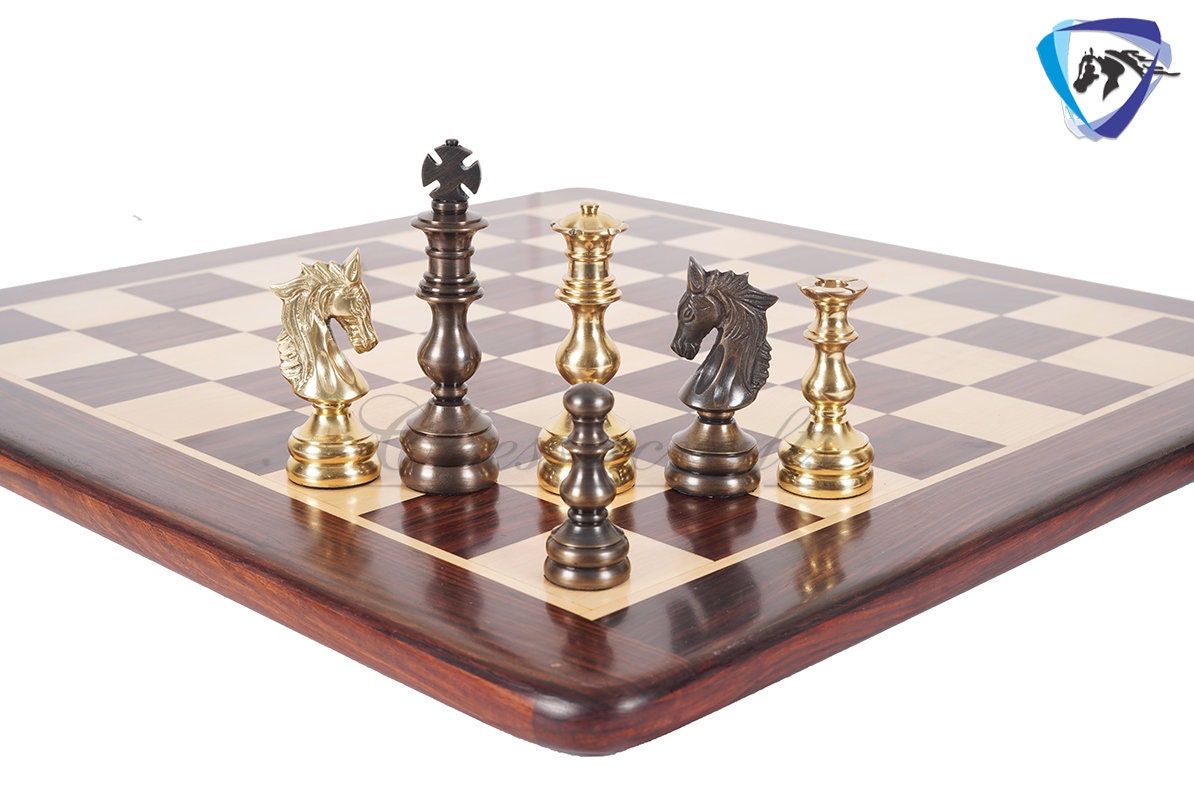 5" Brass Metal Chess Set Designer Spartan Collection - Gold & Antique Polish Brass Chess Pieces + 23" Rosewood(dark grain) Chess Board Combo