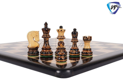 4" Russian Zagreb Chess Pieces set Burnt with Hand Carving broad base, Weighted - 2 extra Queens+19"Ebonywood chess board + Storage Box.