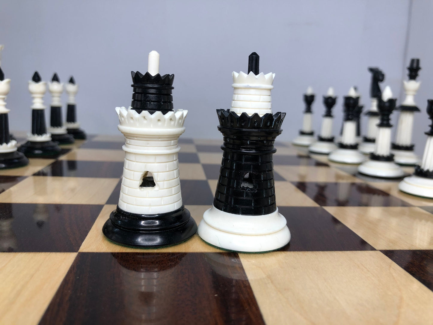 COMBO 6" Camel bone chess set hand carved unique collector vintage chess pieces- LUXURY FLOWER Chess Pieces Set + 21" Maplewood Chess Board.