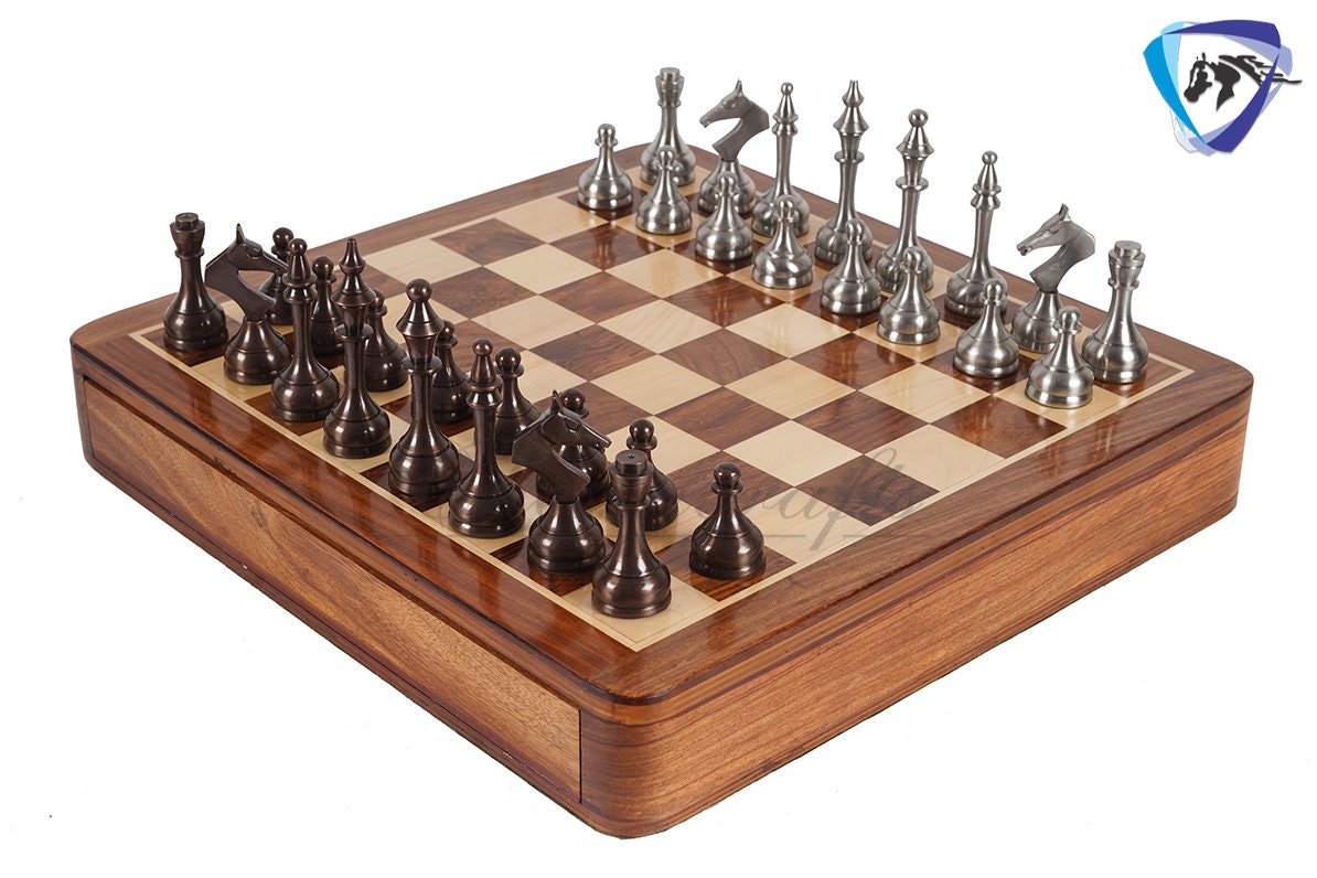16" Brass Chess Board Set MODERN CLASSIC Chess Pieces Copper-Silver and Rosewood  Chess board with Storage drawer- Chess Gift- Gift for Him