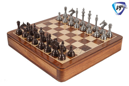 16" Brass Chess Board Set MODERN CLASSIC Chess Pieces Copper-Silver and Rosewood  Chess board with Storage drawer- Chess Gift- Gift for Him