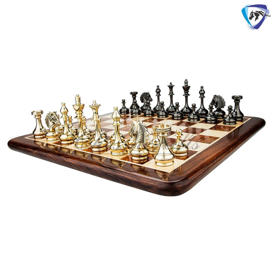3.9" Brass Chess pieces set Bridled knight luxury Collector series Gold & Black Glossy finish Handmade brass chess set.