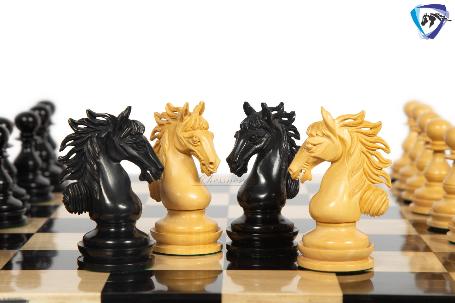 4.5" Staunton Ebony wood Chess pieces Set- WILD STALLION + 21" Ebony wood Chess Board STEPS border  + Leatherette storage Box.