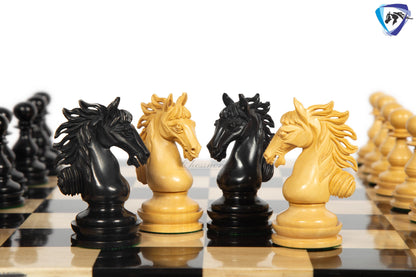 4.5" Staunton Ebony wood Chess pieces Set- WILD STALLION + 21" Ebony wood Chess Board STEPS border  + Leatherette storage Box.