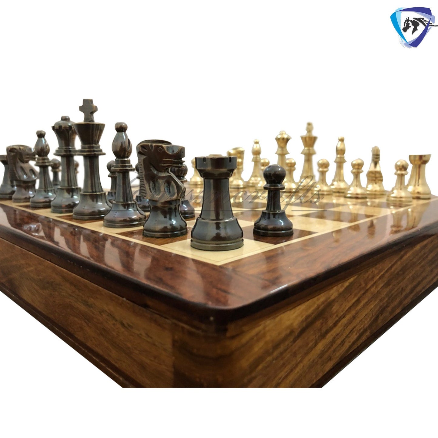 Brass Metal Staunton chess set & Rosewood chess board with storage 16"x16"- Glossy gold black chess men