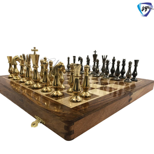 Brass Metal chess set with wooden chess board folding with storage- King 3.5" classical design gold & black glossy pieces.