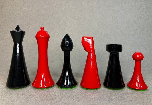 Reproduced Hermann Ohme Minimalist Modern Mid Century Chess Pieces in Red & Black Painted Boxwood-King 3.75"- Weighted chess coins