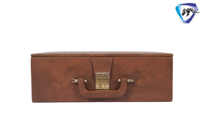 TAN BROWN Leatherette Coffer Storage box for Chess Pieces of king Height: 4.0" to 4.5"- 2 Trays, Velvet lining & Lock w/ handle.