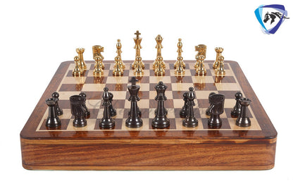 16" Brass Chess Board Set INTERNATIONAL Chess Pieces Black-gold and Rosewood Chess board with Storage drawer | Chess Gift /CHRISTMAS